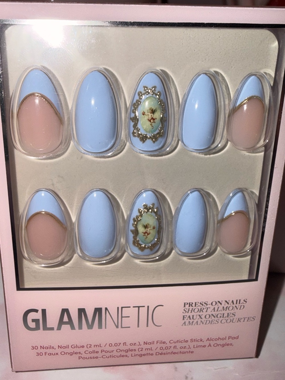 Glamnetic Short Almond Press-On Nails in Baby Blue & Nude with Cameo Accent